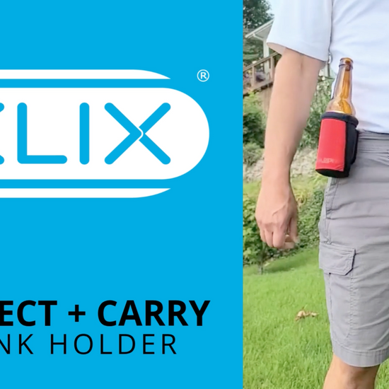 KLIX magnetic connect and carry drink holder commercial showing hands-free clip-on beverage sleeve attached to pants, backpacks, cross-body bags, life jackets, and metal surfaces like coolers, grills, and toolboxes. Holds slim cans, bottles, and large soda cups for tailgating, fishing, golfing, and outdoor activities.