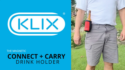 KLIX magnetic connect and carry drink holder commercial showing hands-free clip-on beverage sleeve attached to pants, backpacks, cross-body bags, life jackets, and metal surfaces like coolers, grills, and toolboxes. Holds slim cans, bottles, and large soda cups for tailgating, fishing, golfing, and outdoor activities.