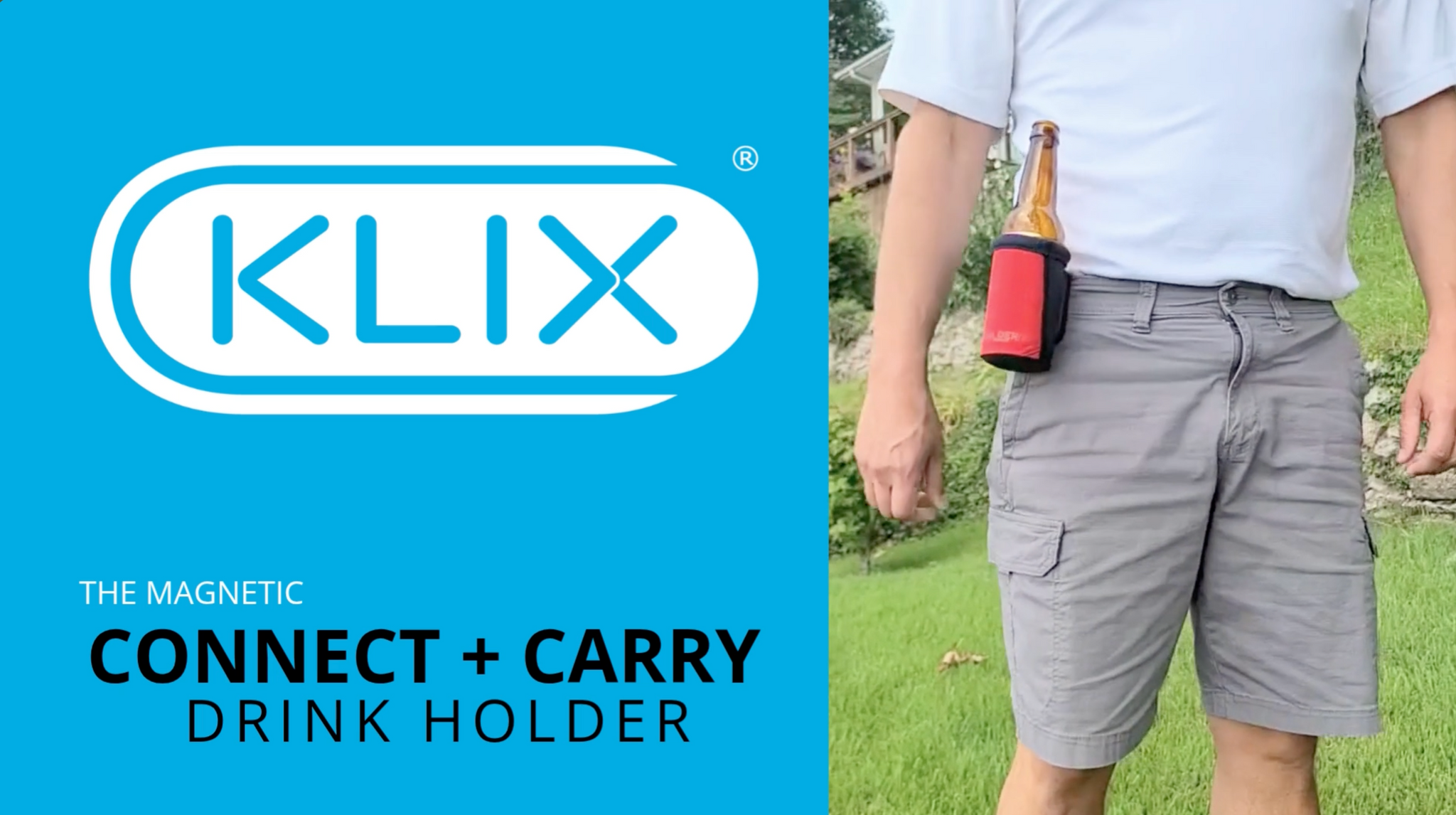 KLIX magnetic connect and carry drink holder commercial showing hands-free clip-on beverage sleeve attached to pants, backpacks, cross-body bags, life jackets, and metal surfaces like coolers, grills, and toolboxes. Holds slim cans, bottles, and large soda cups for tailgating, fishing, golfing, and outdoor activities.